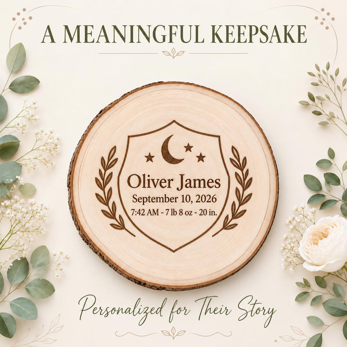 Baby Birth Stats personalized engraved wood slice. Personalized keepsake example.