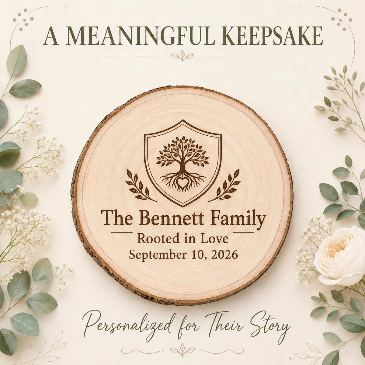 Adoption Celebration personalized engraved wood slice. Personalized keepsake example.