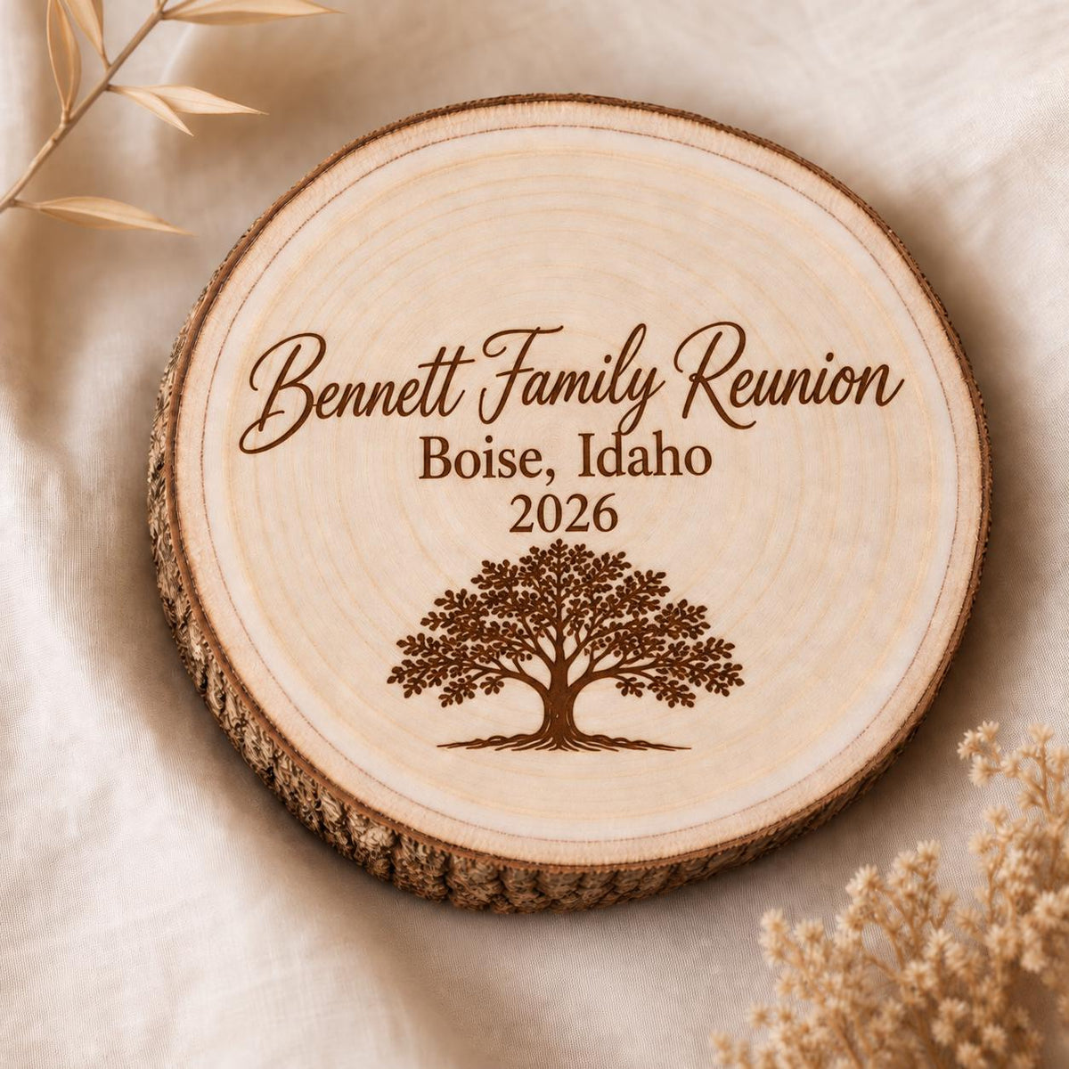 Family Reunion personalized engraved wood slice. Engraving detail.
