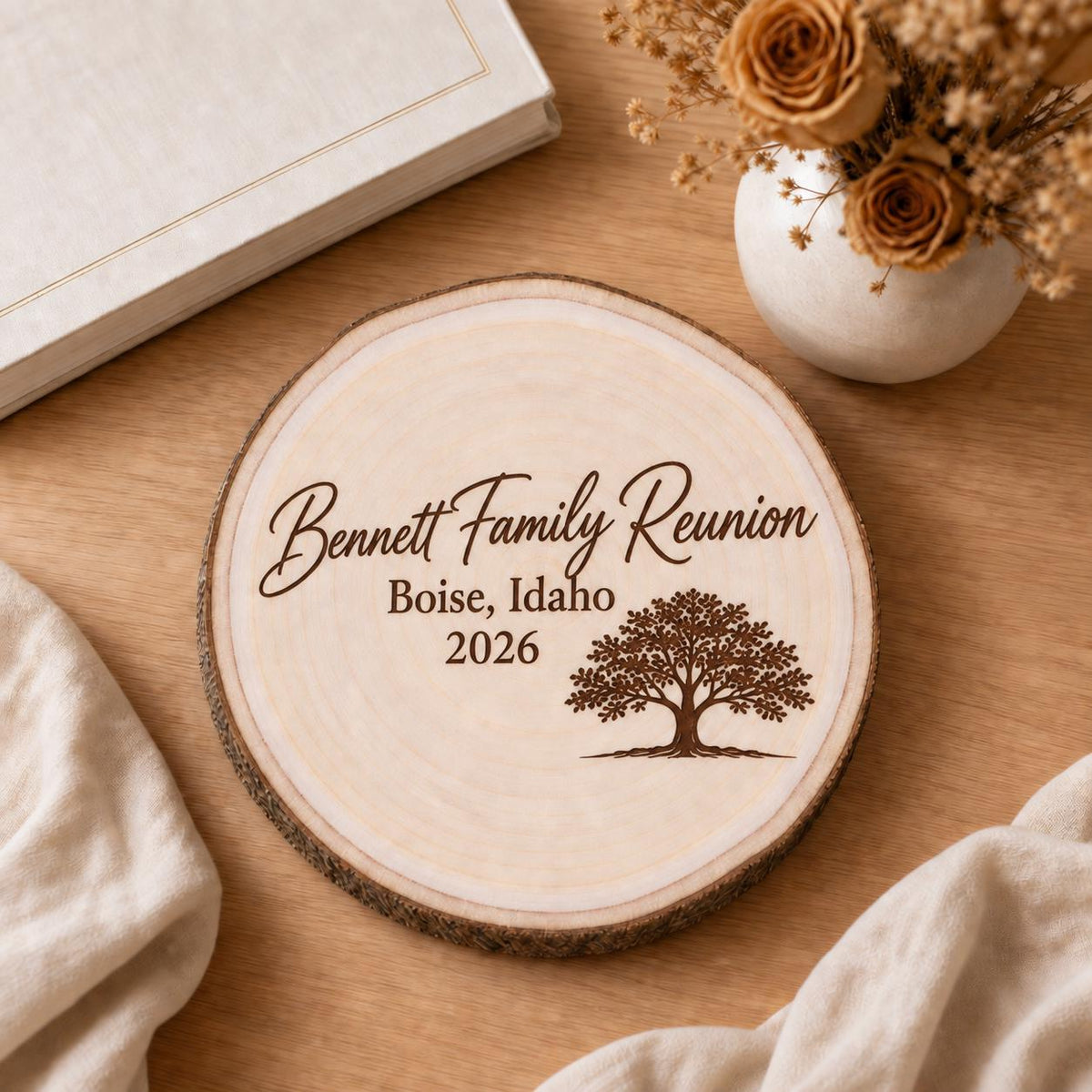 Family Reunion personalized engraved wood slice. Styled keepsake example.