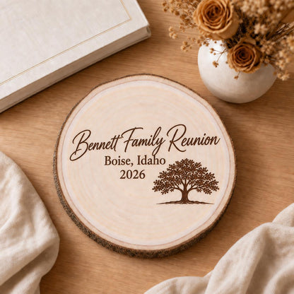 Family Reunion personalized engraved wood slice. Styled keepsake example.