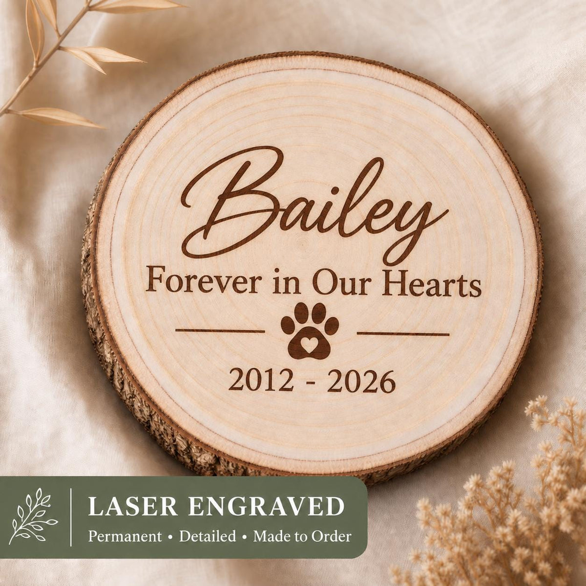 Pet Memorial personalized engraved wood slice. Engraving detail.