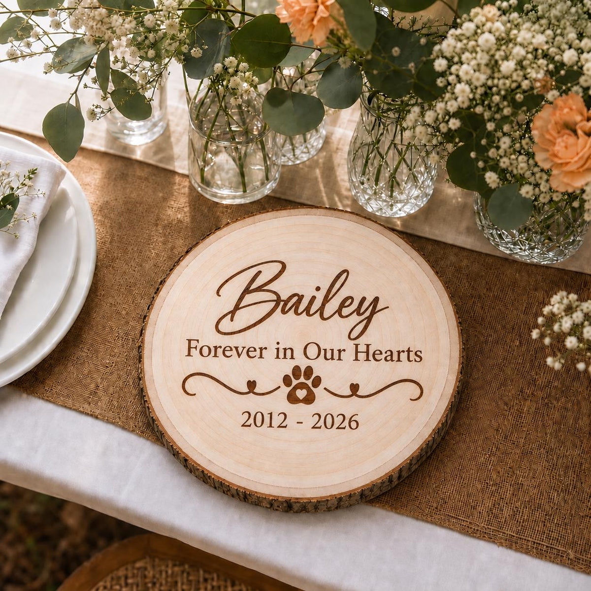 Pet Memorial personalized engraved wood slice. Table display example.