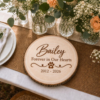 Pet Memorial personalized engraved wood slice. Table display example.