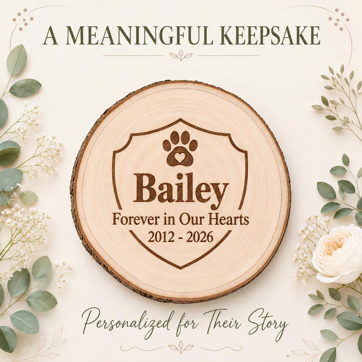 Pet Memorial personalized engraved wood slice. Personalized keepsake example.
