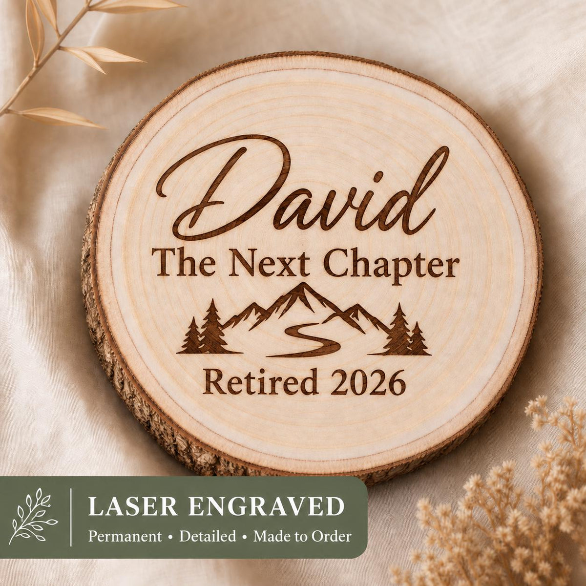 Retirement Adventure personalized engraved wood slice. Engraving detail.