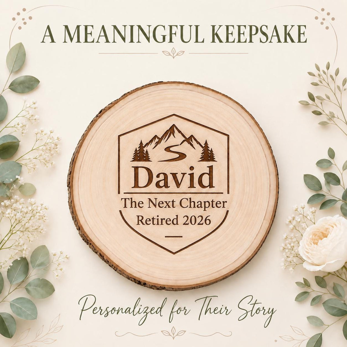 Retirement Adventure personalized engraved wood slice. Personalized keepsake example.