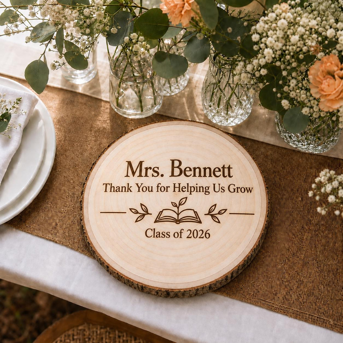 Teacher Appreciation personalized engraved wood slice. Table display example.