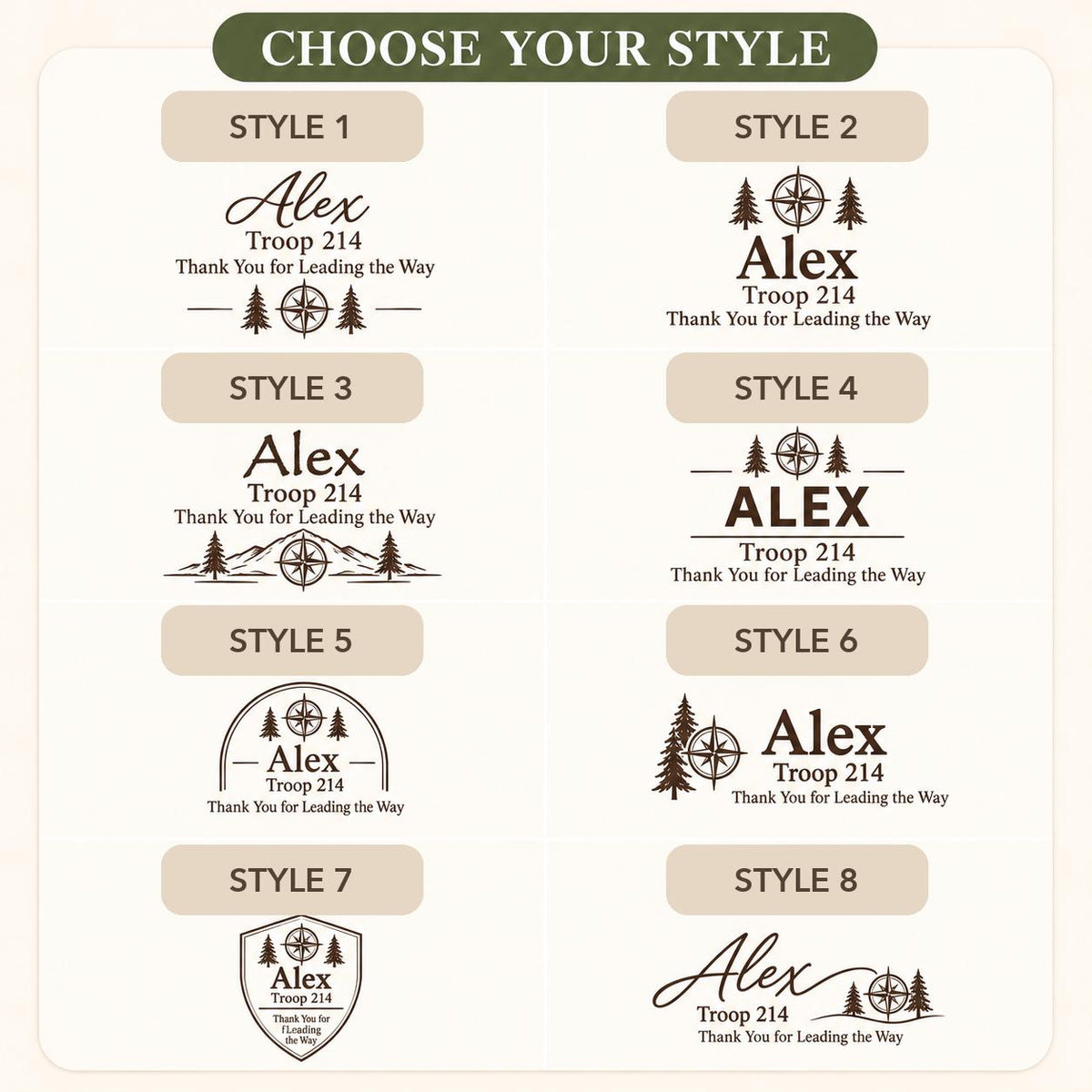 Scout Leader personalized engraved wood slice. Eight available design styles.