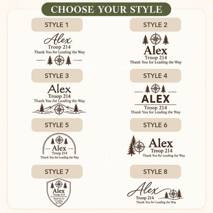 Scout Leader personalized engraved wood slice. Eight available design styles.