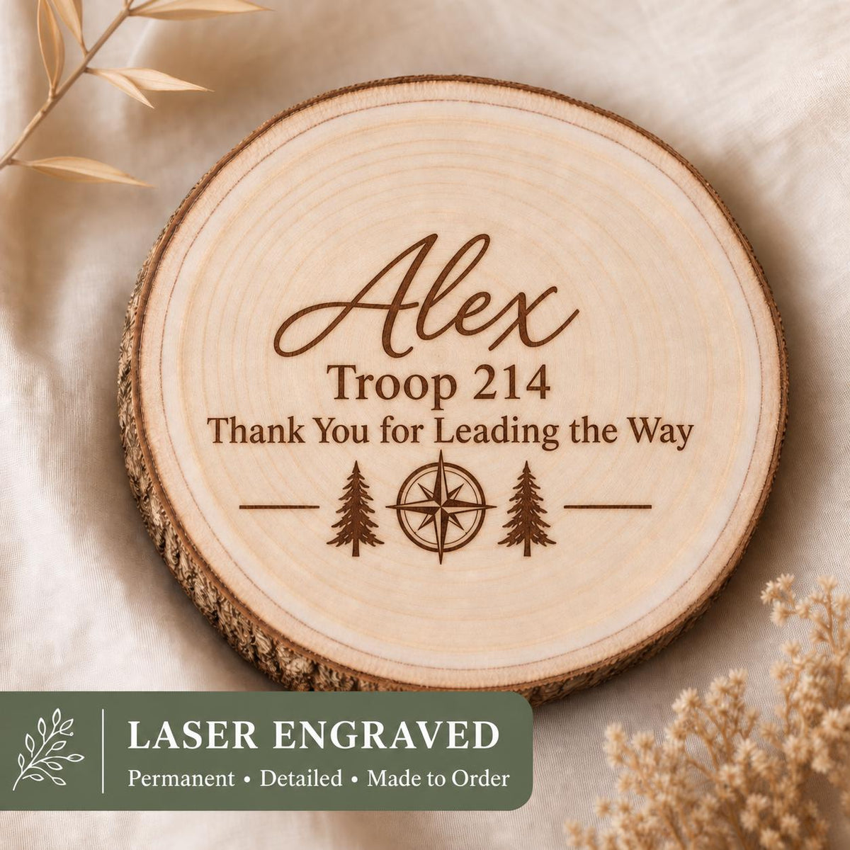 Scout Leader personalized engraved wood slice. Engraving detail.