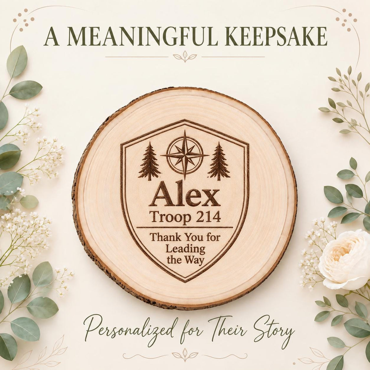 Scout Leader personalized engraved wood slice. Personalized keepsake example.