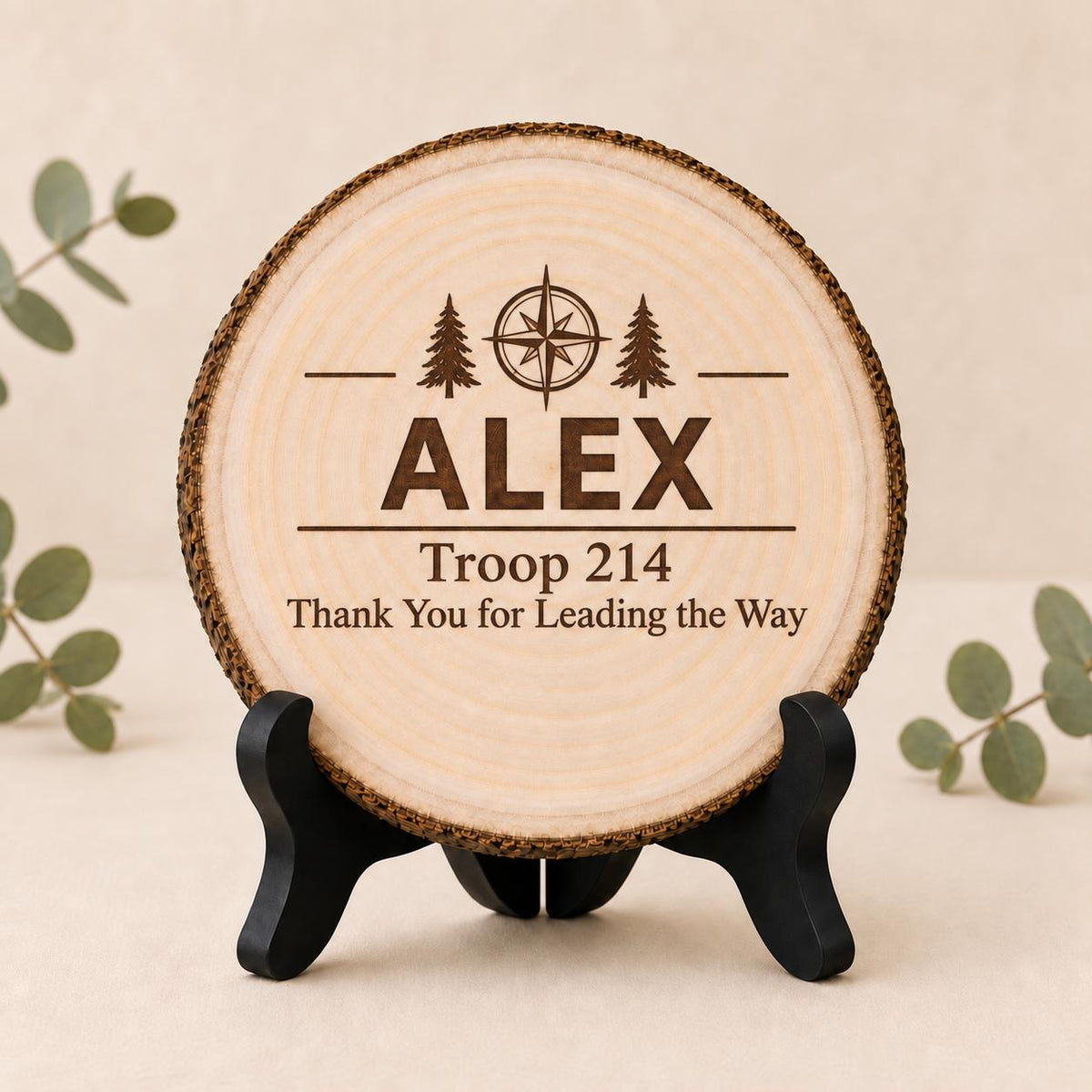 Scout Leader personalized engraved wood slice. Optional stand display.