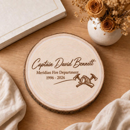 Firefighter Retirement personalized engraved wood slice. Styled keepsake example.