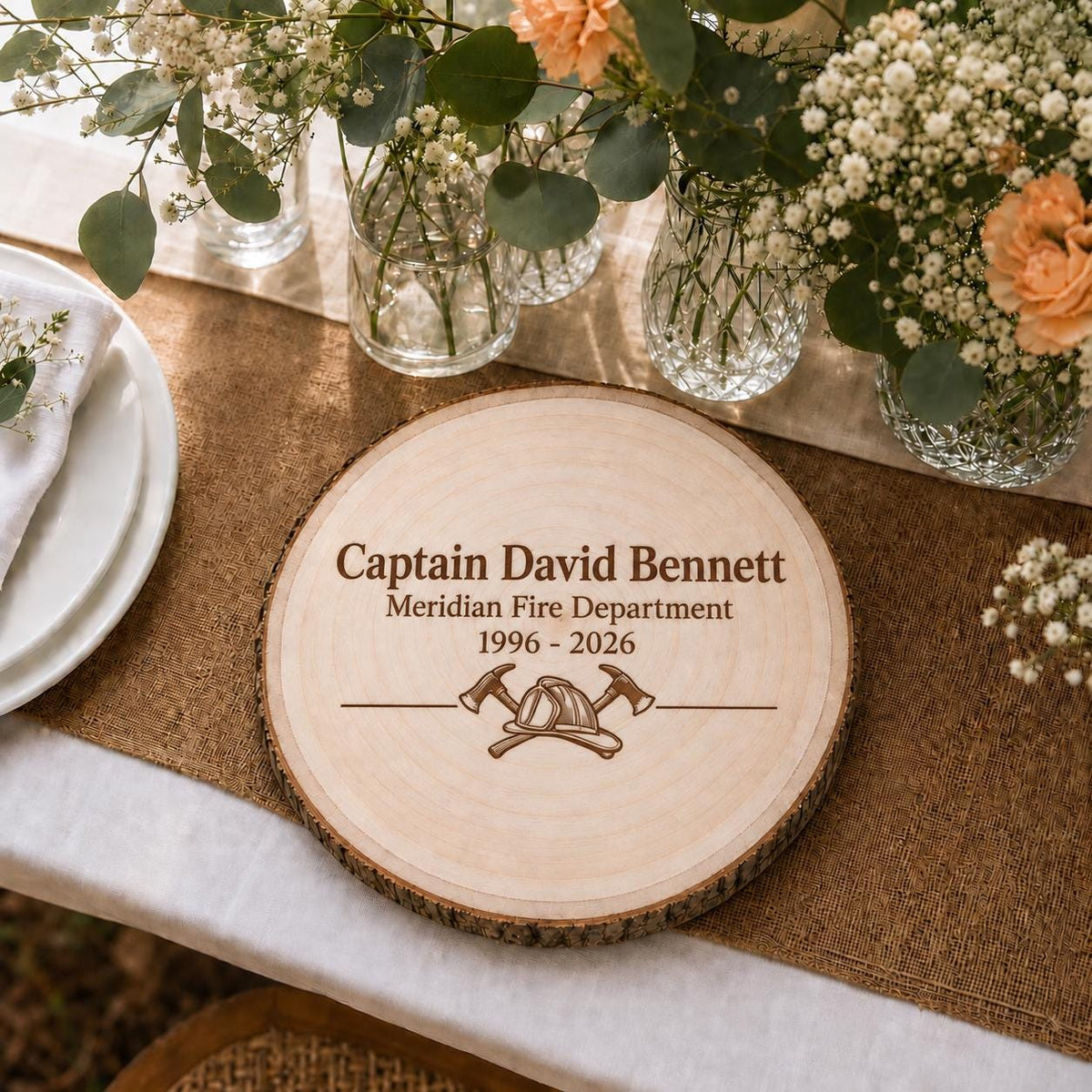 Firefighter Retirement personalized engraved wood slice. Table display example.