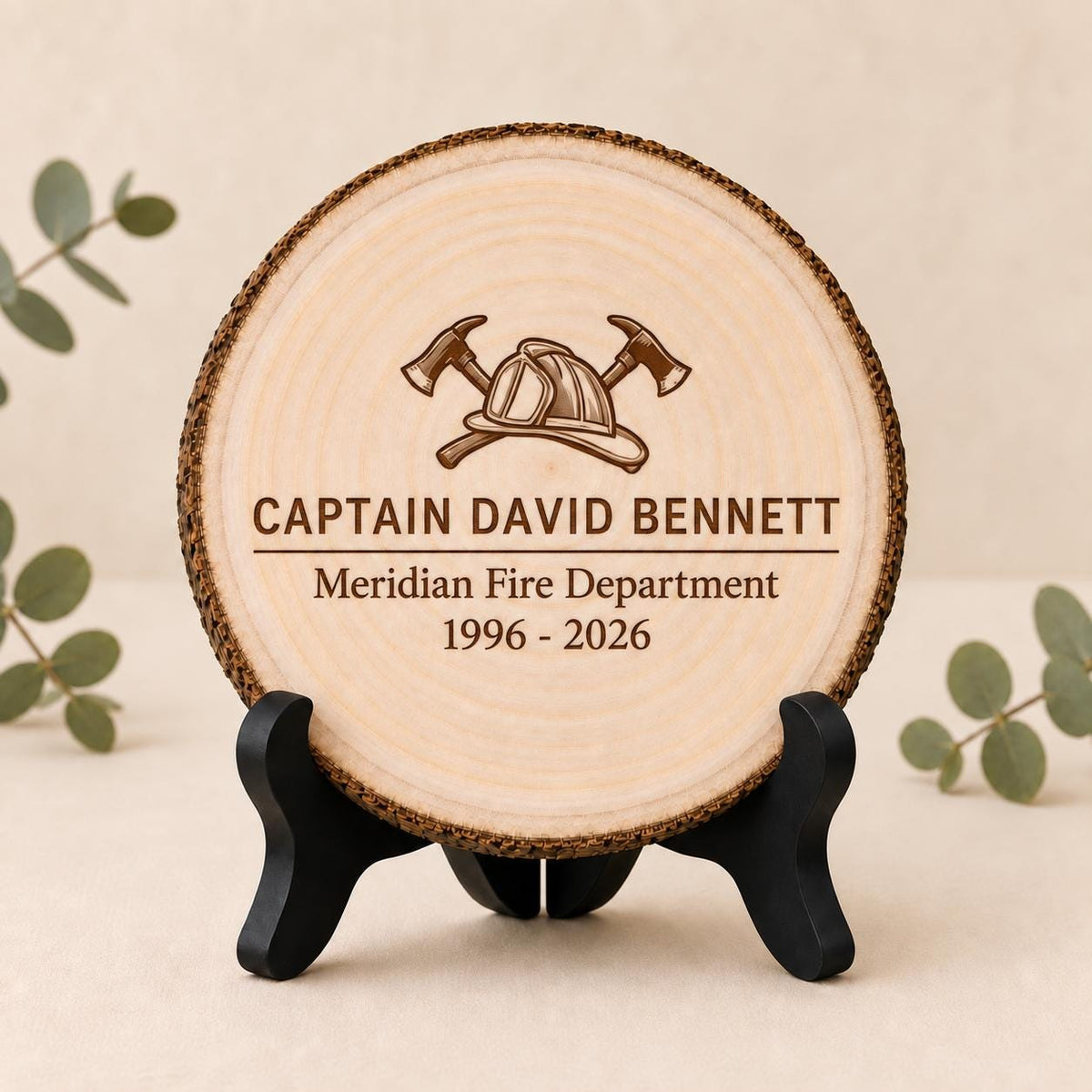 Firefighter Retirement personalized engraved wood slice. Optional stand display.