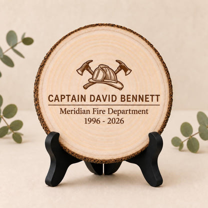 Firefighter Retirement personalized engraved wood slice. Optional stand display.