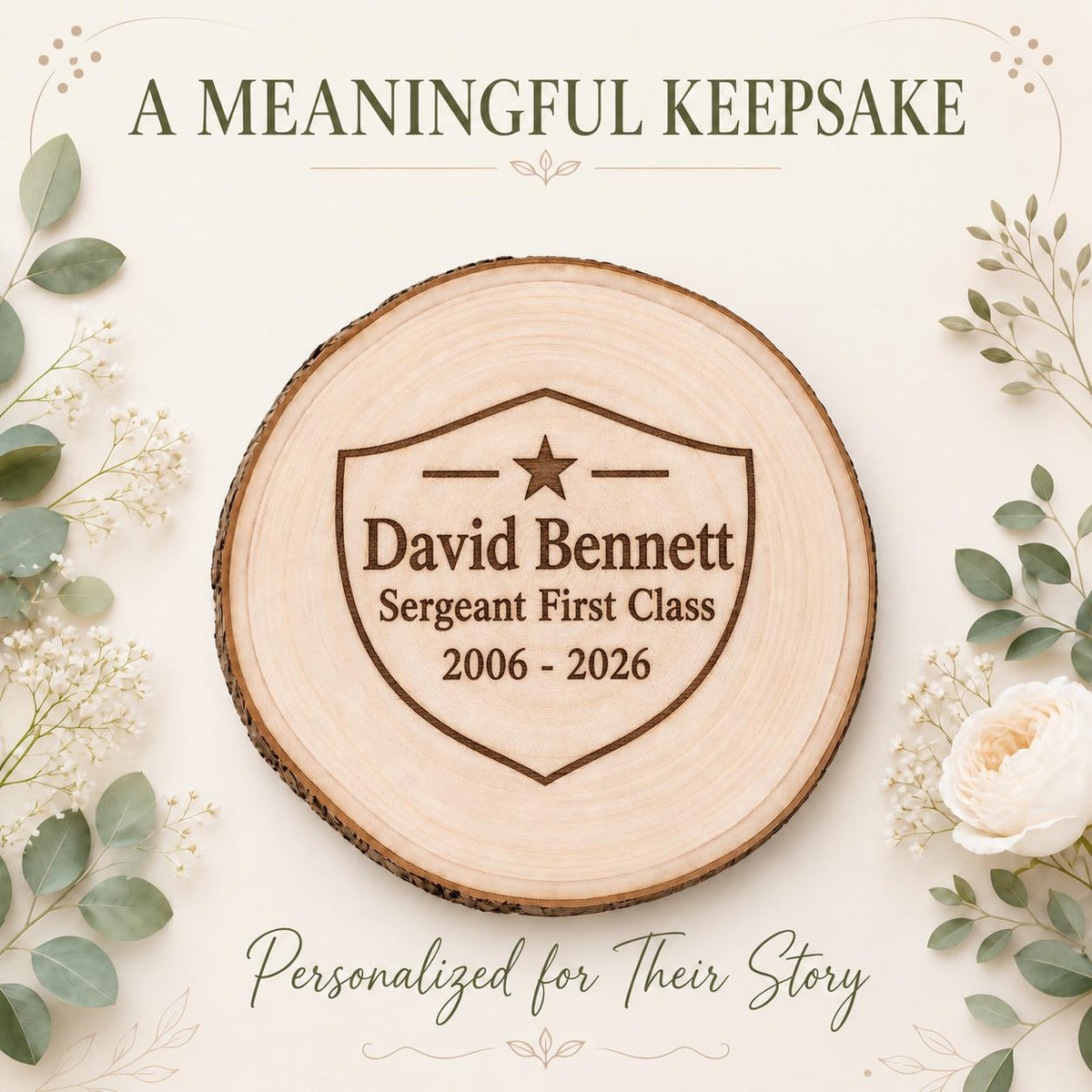 Military Retirement personalized engraved wood slice. Personalized keepsake example.