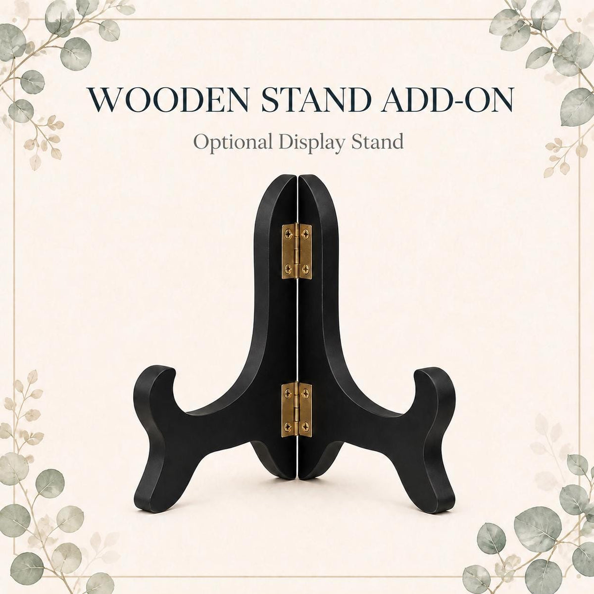 Optional black folding wooden display stand. Select With Stand in Size + Wooden Stand. Price-free guide updated September 25, 2026.