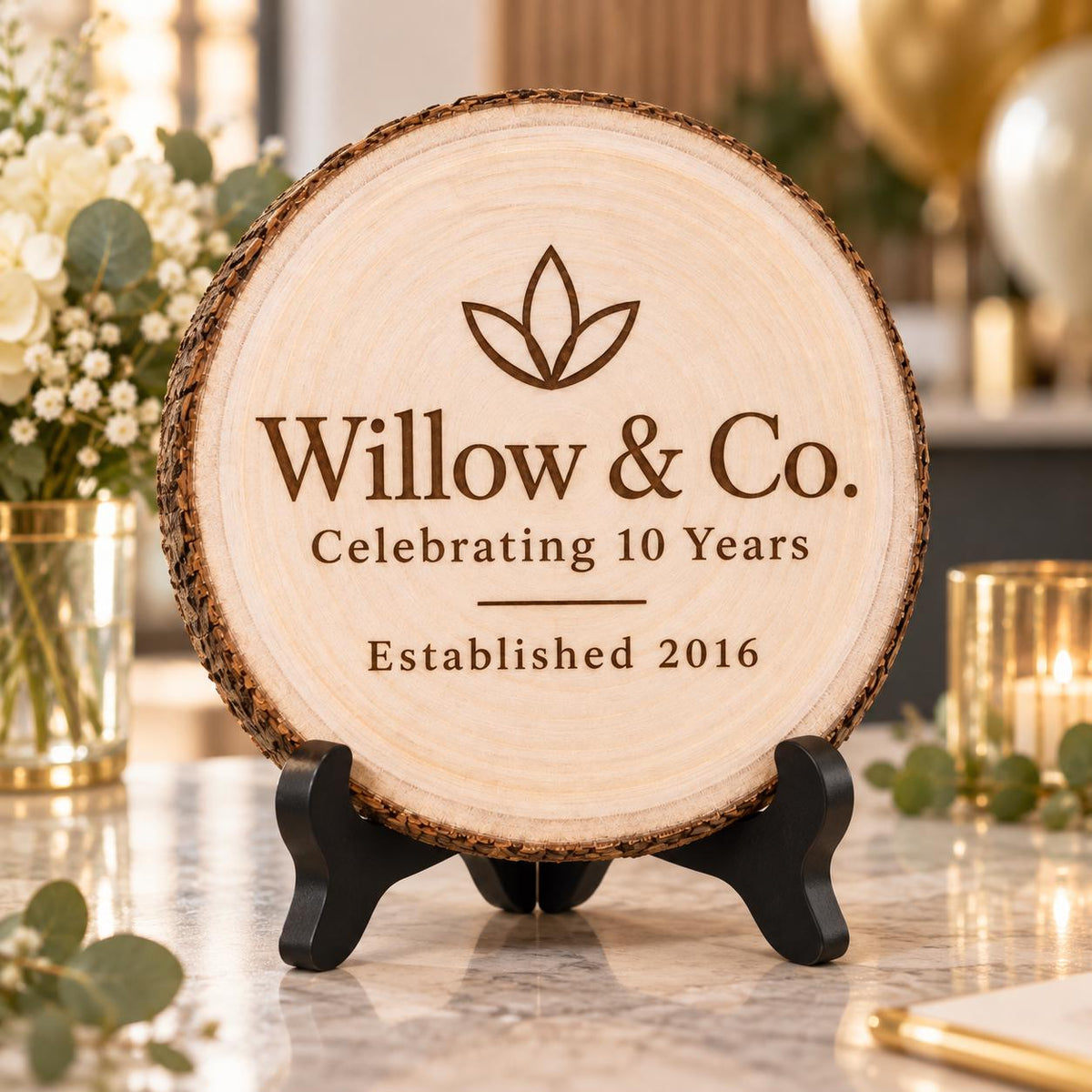 Business Anniversary Gift displayed on the optional black wooden stand in a matching setting. Approved thumbnail September 25, 2026.