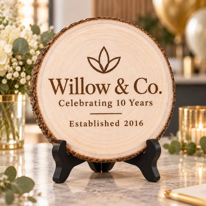 Business Anniversary Gift displayed on the optional black wooden stand in a matching setting. Approved thumbnail September 25, 2026.