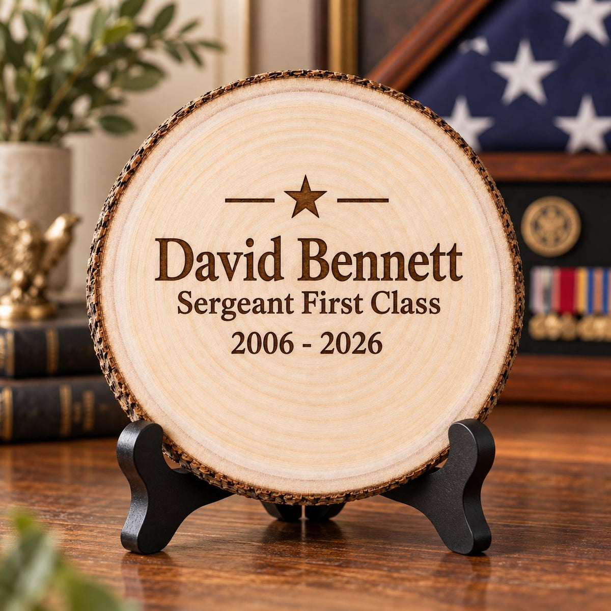 Military Retirement Gift displayed on the optional black wooden stand in a matching setting. Approved thumbnail September 25, 2026.