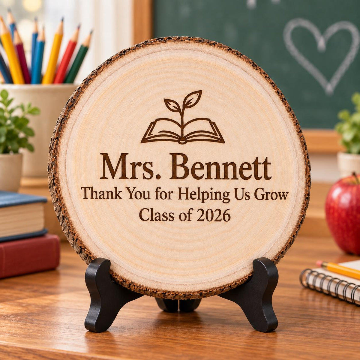 Teacher Appreciation Gift displayed on the optional black wooden stand in a matching setting. Approved thumbnail September 25, 2026.