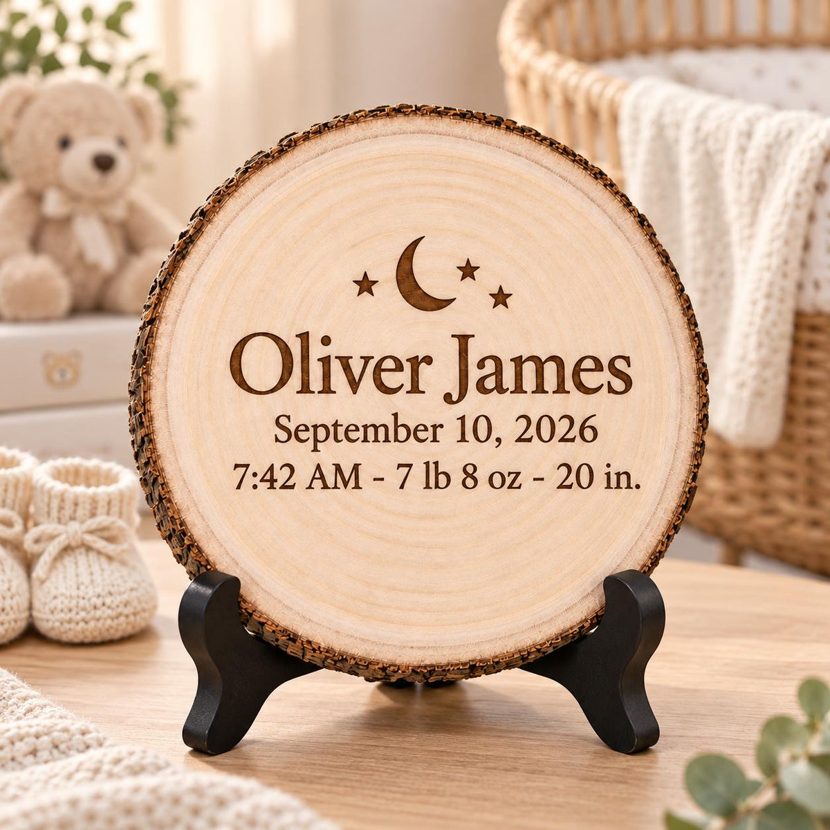 Baby Birth Stats Gift displayed on the optional black wooden stand in a matching setting. Approved thumbnail September 25, 2026.