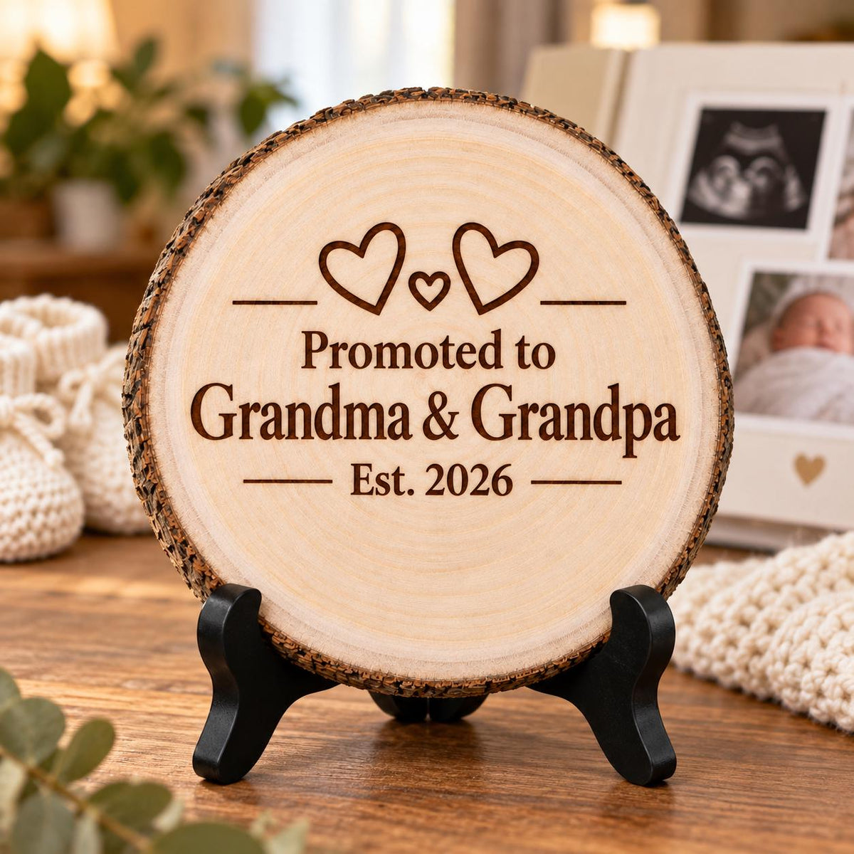 New Grandparents Announcement Gift displayed on the optional black wooden stand in a matching setting. Approved thumbnail September 25, 2026.