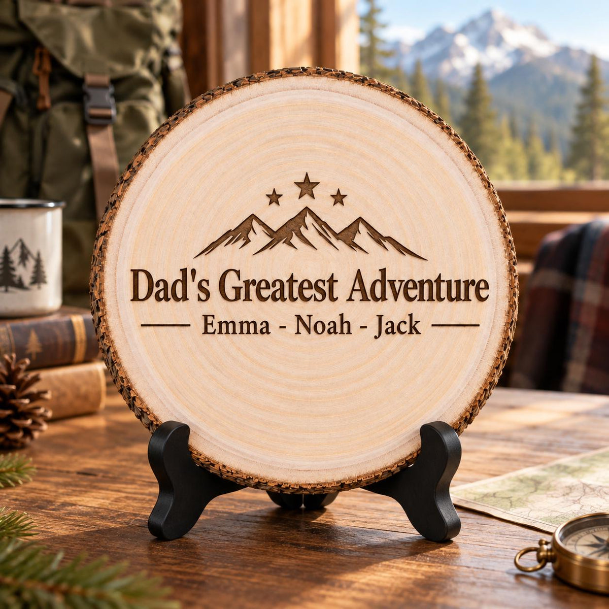 Dad Wood Keepsake displayed on the optional black wooden stand in a matching setting. Approved thumbnail September 25, 2026.