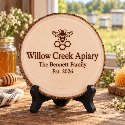 Beekeeper Gift displayed on the optional black wooden stand in a matching setting. Approved thumbnail September 25, 2026.