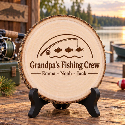 Fishing Grandpa Gift displayed on the optional black wooden stand in a matching setting. Approved thumbnail September 25, 2026.