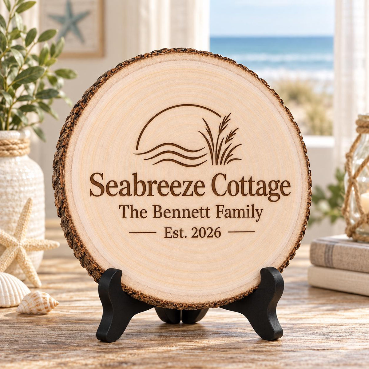 Beach Cottage Sign displayed on the optional black wooden stand in a matching setting. Approved thumbnail September 25, 2026.