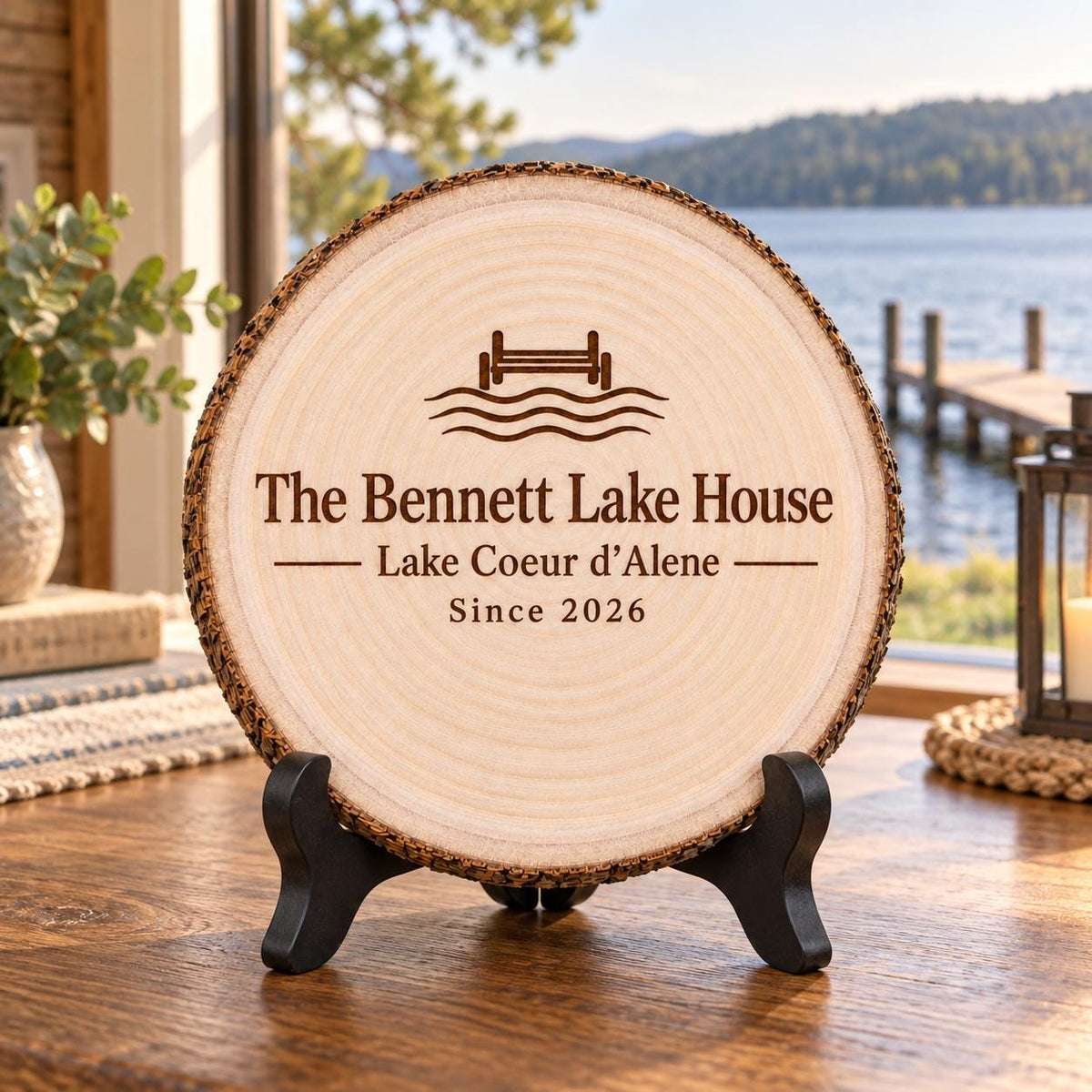 Lake House Sign displayed on the optional black wooden stand in a matching setting. Approved thumbnail September 25, 2026.