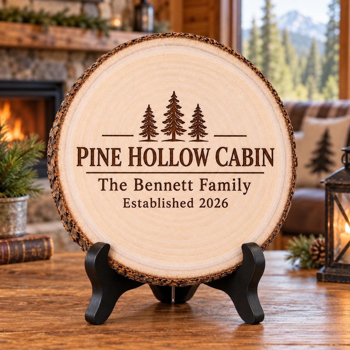 Cabin Name Sign displayed on the optional black wooden stand in a matching setting. Approved thumbnail September 25, 2026.