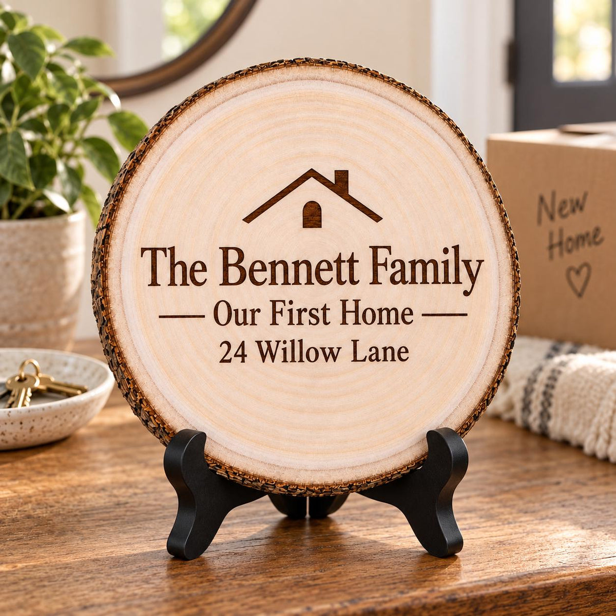 First Home Gift displayed on the optional black wooden stand in a matching setting. Approved thumbnail September 25, 2026.