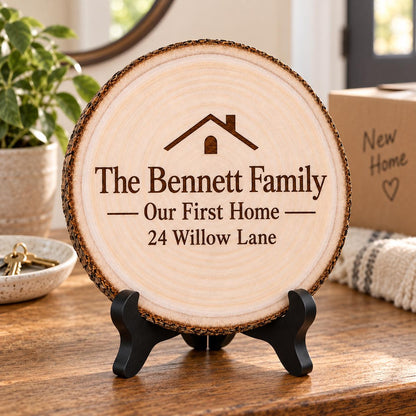 First Home Gift displayed on the optional black wooden stand in a matching setting. Approved thumbnail September 25, 2026.