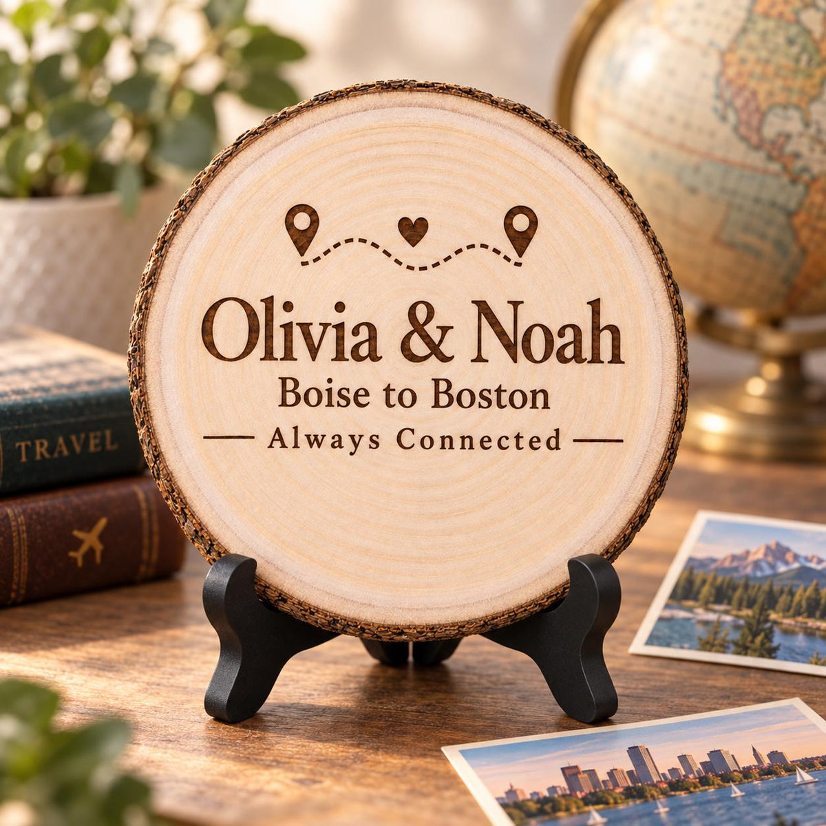 Long Distance Relationship Gift displayed on the optional black wooden stand in a matching setting. Approved thumbnail September 25, 2026.