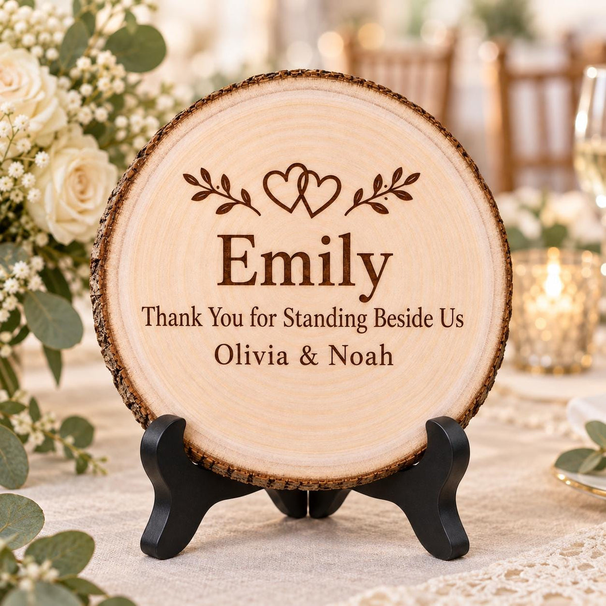 Wedding Witness Gift displayed on the optional black wooden stand in a matching setting. Approved thumbnail September 25, 2026.