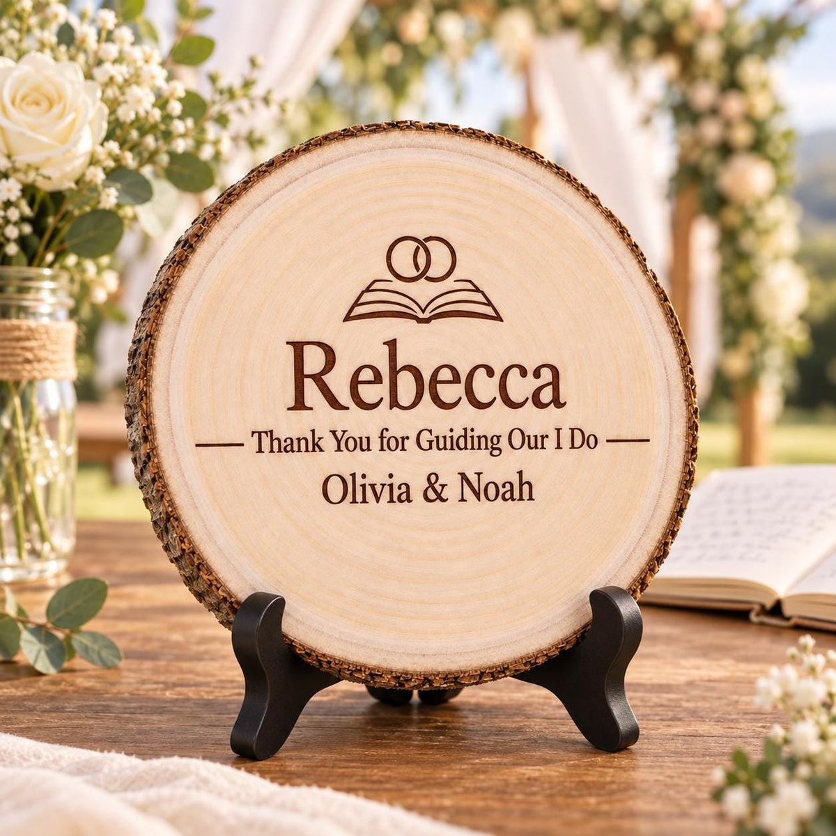 Wedding Officiant Gift displayed on the optional black wooden stand in a matching setting. Approved thumbnail September 25, 2026.