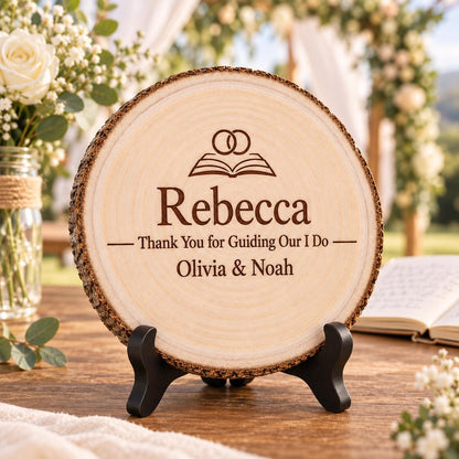 Wedding Officiant Gift displayed on the optional black wooden stand in a matching setting. Approved thumbnail September 25, 2026.