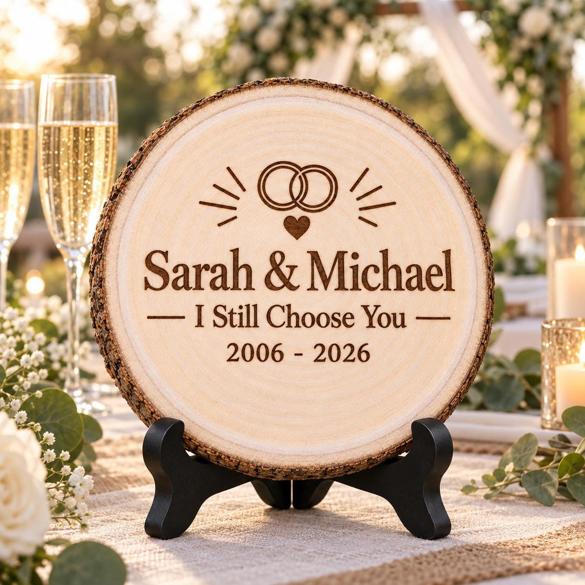 Vow Renewal Gift displayed on the optional black wooden stand in a matching setting. Approved thumbnail September 25, 2026.