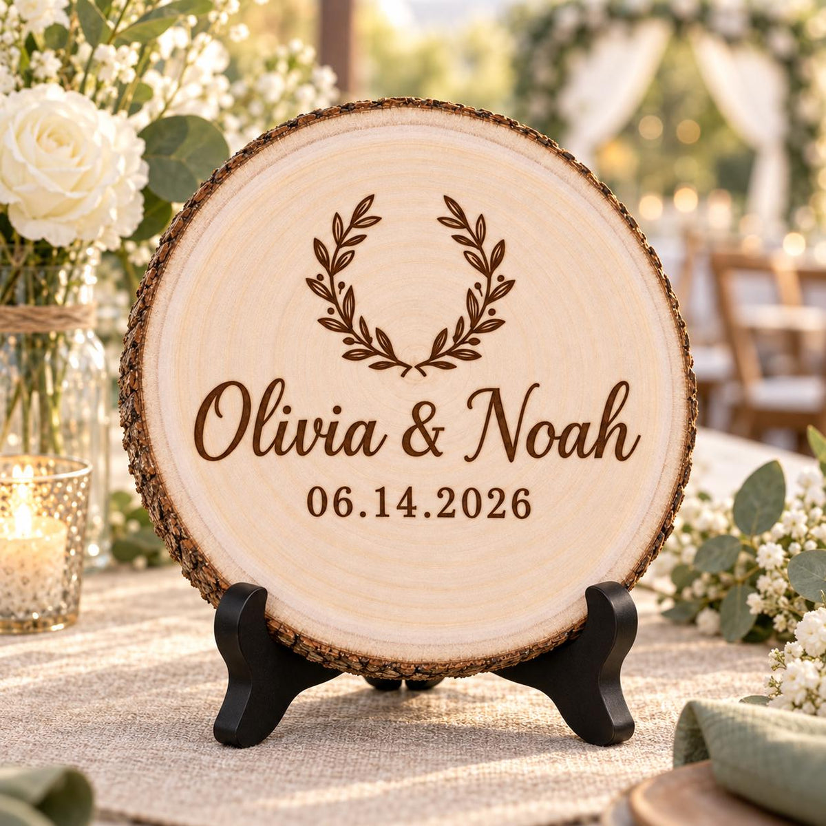 Wedding Wood Slice displayed on the optional black wooden stand in a matching setting. Approved thumbnail September 25, 2026.
