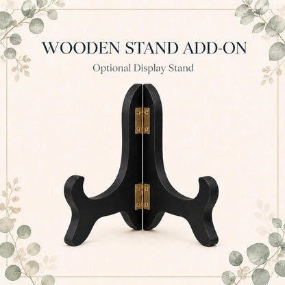 Optional black folding wooden display stand. Select With Stand in Size + Wooden Stand. Price-free guide updated September 25, 2026.
