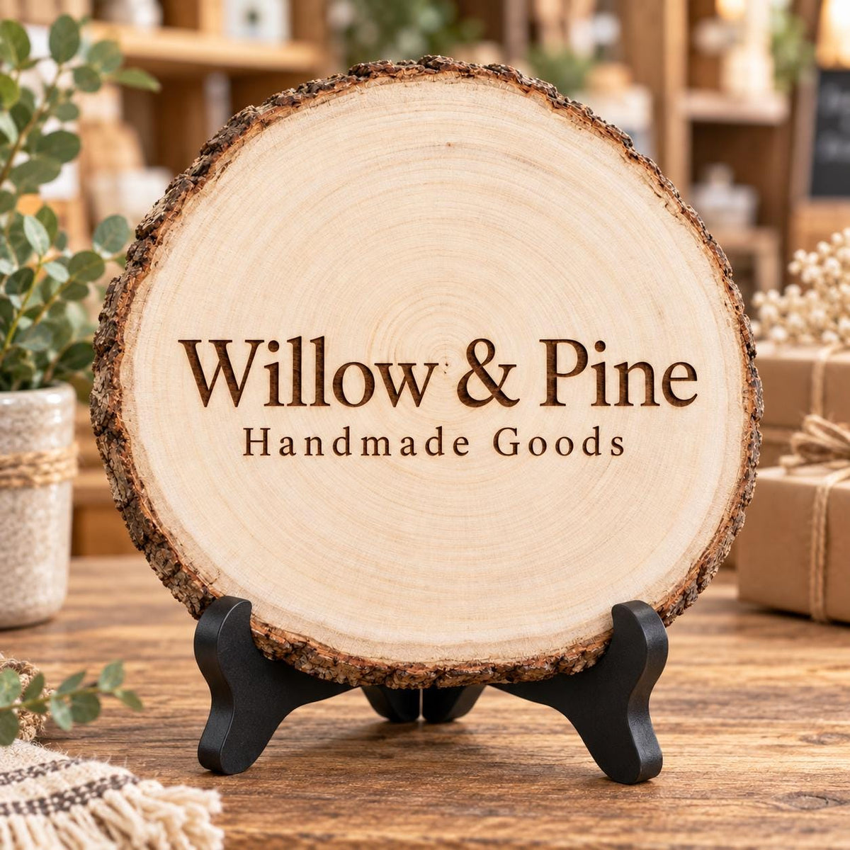 Small Business Wood Slice Sign displayed on the optional black wooden stand in a matching setting. Approved thumbnail September 25, 2026.