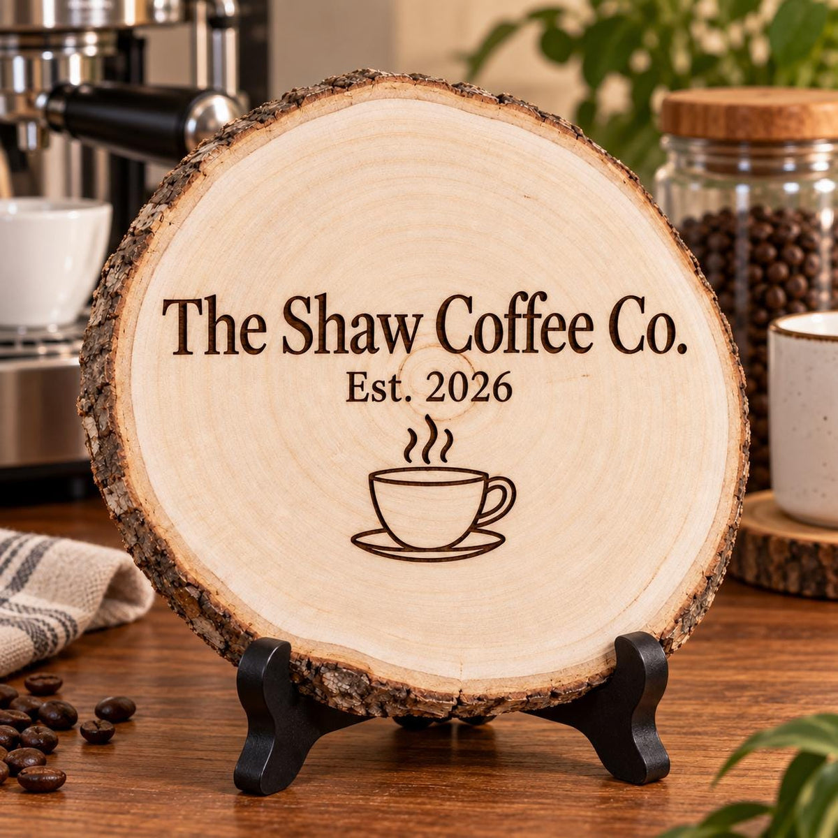 Home Bar and Coffee Station Wood Slice Sign displayed on the optional black wooden stand in a matching setting. Approved thumbnail September 25, 2026.