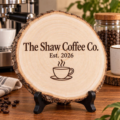 Home Bar and Coffee Station Wood Slice Sign displayed on the optional black wooden stand in a matching setting. Approved thumbnail September 25, 2026.