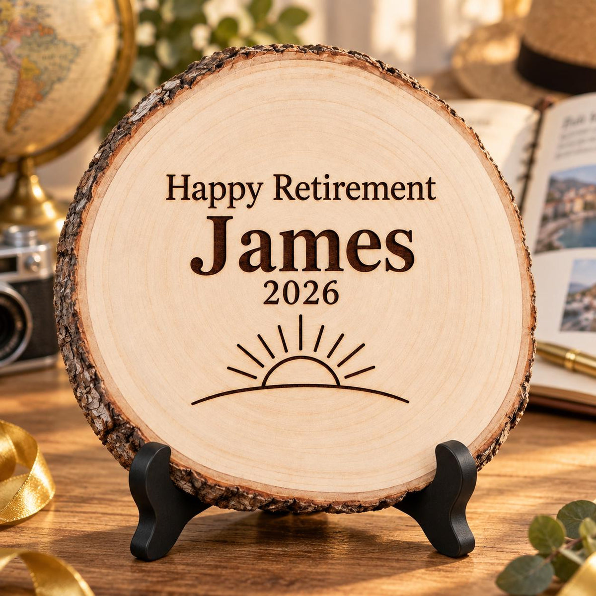 Retirement Wood Slice Sign displayed on the optional black wooden stand in a matching setting. Approved thumbnail September 25, 2026.