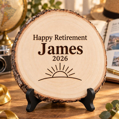 Retirement Wood Slice Sign displayed on the optional black wooden stand in a matching setting. Approved thumbnail September 25, 2026.