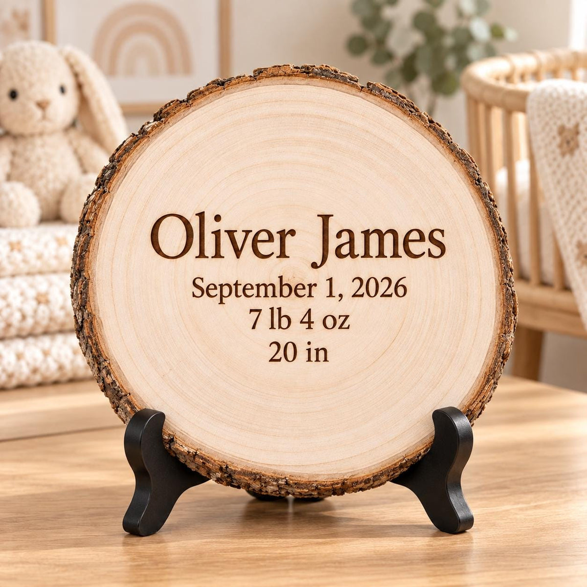 Birth Announcement Wood Slice Sign displayed on the optional black wooden stand in a matching setting. Approved thumbnail September 25, 2026.